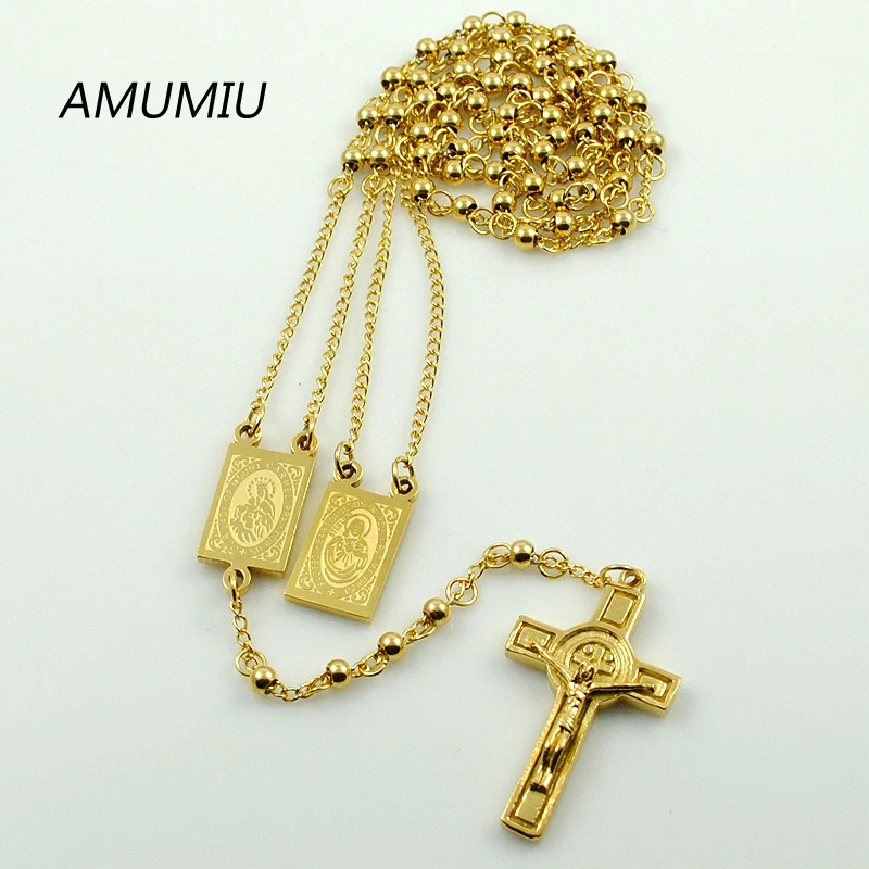 Золотистые четки AMUMIU с изображением Иисуса крест религиозное ожерелье из