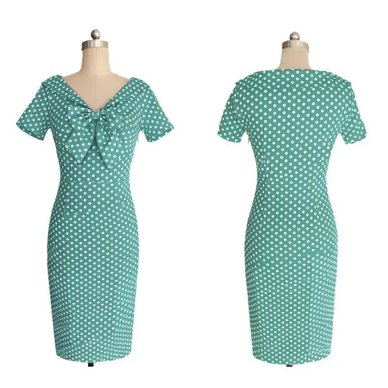 Kostlich V Neck With Bow Knot Dot Pencil Dress Short Sleeves Women Summer Bodycone Party Dresses Casual Sundress | Женская одежда