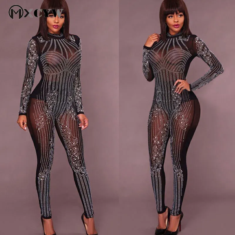 silm Sexy Jumpsuit Fashion Sequins Bodysuit Mesh Trousers Long Sleeves Round Neck Nightclub Perspective Hollow Women Clothing | Женская