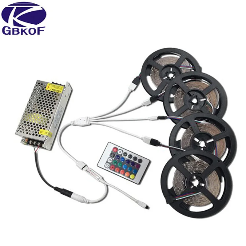SMD3528 RGB Светодиодные ленты из водонепроницаемого материала; не водонепроницаемый 5/10/15/20 м светодиодный лента Диодная лента с 24Key ИК контроллеп+ AC/DC 12V адаптер питания