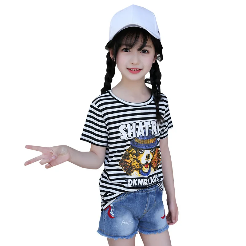 

2019 Summer Girls Short Sleeve T Shirts Cartoon Print T-shirt Striped Tee Shirt Cotton Girls Fashion Tops