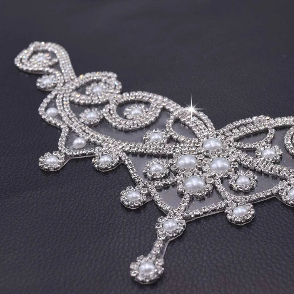 

10pcs wholesale Hot fix rhinestone wedding dress neckline applique hot fix pearl garment sewing DIY patches handmade HD-676