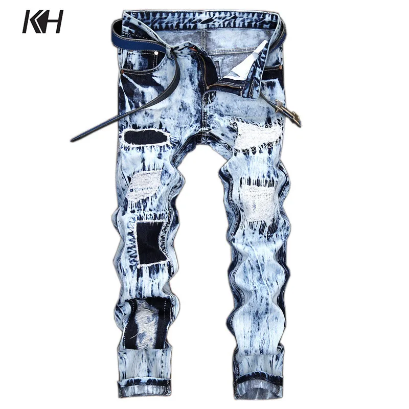 Мужские модные облегающие джинсы KH в европейском и американском стиле с вышивкой