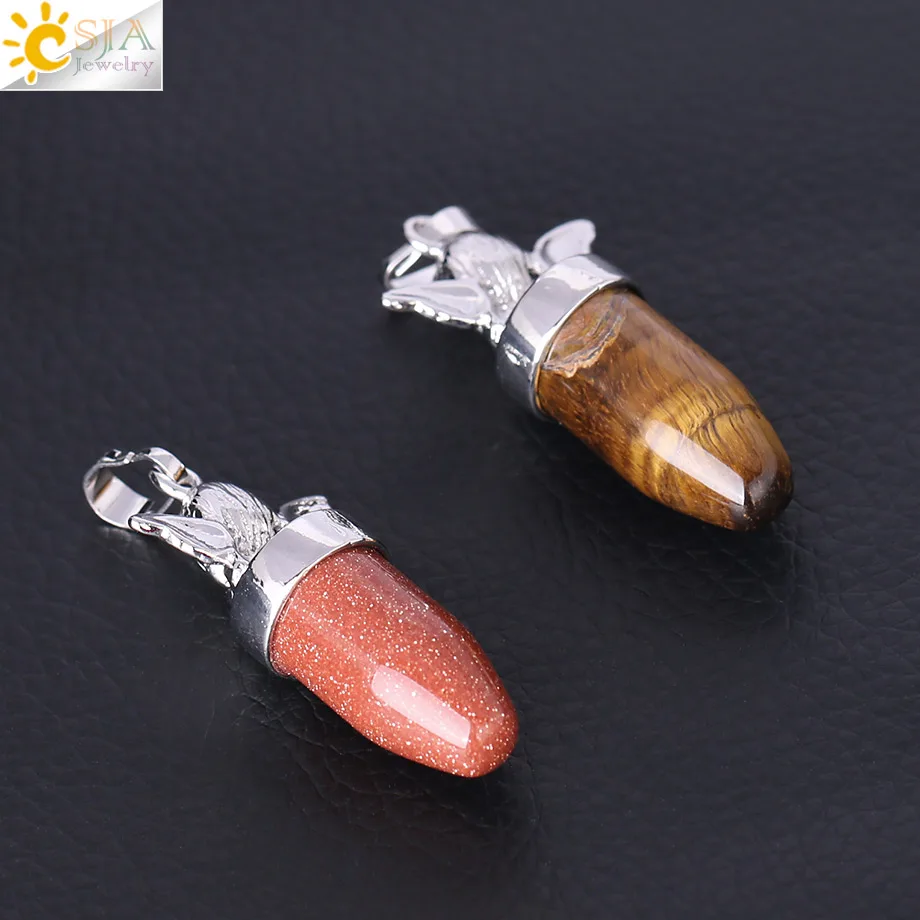 CSJA Angel Pendants for Necklace Bullet Shape 2019 Natural Stone Jewellery Green Aventurine Pink Quartz Tiger Eye Jewelry F360 images - 6