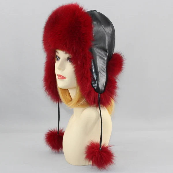 Hot Sell Genuine Fox Fur Hats Genuine Raccoon Fox Fur Russian Ushanka Cap Winter Quality Thick Warm Fox Fur Bomber Hat - Color: red