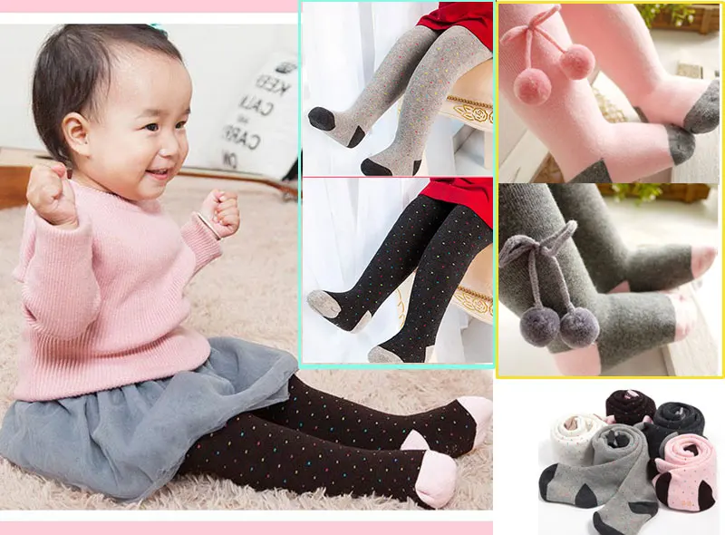 

Зимние длинные трикотажные колготки в горошек с шерстяными шариками для маленьких девочек, Симпатичные леггинсы, облегающая детская одежд...