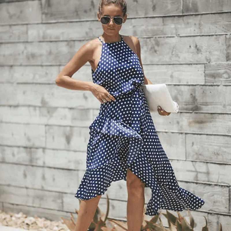 Plus Size Boho Dot Ruffled Dress Summer Irregular Strap MadiDress 2019 Women | Женская одежда