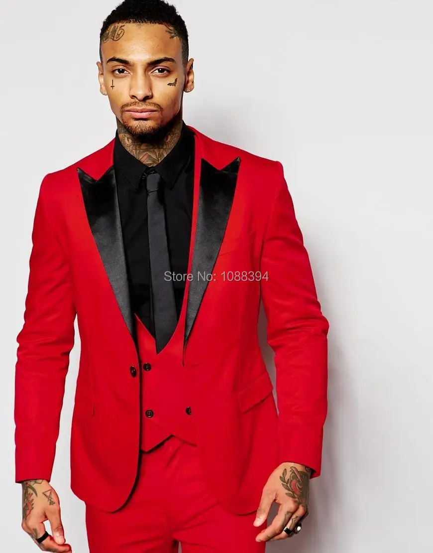 2018 Red Mens Groom Suits Black Peak Lapel Best Man Suit Prom Tuxedos Men's Wedding Party Suits (Jacket+Pants+Vest+Tie)