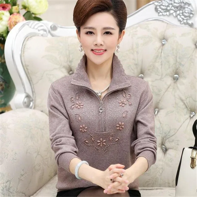 Women Knit Sweater Pullover Autumn Middle-aged Clothing Fashion Beaded Plus size 4XL Female Coats Casual Tops K980 | Женская одежда