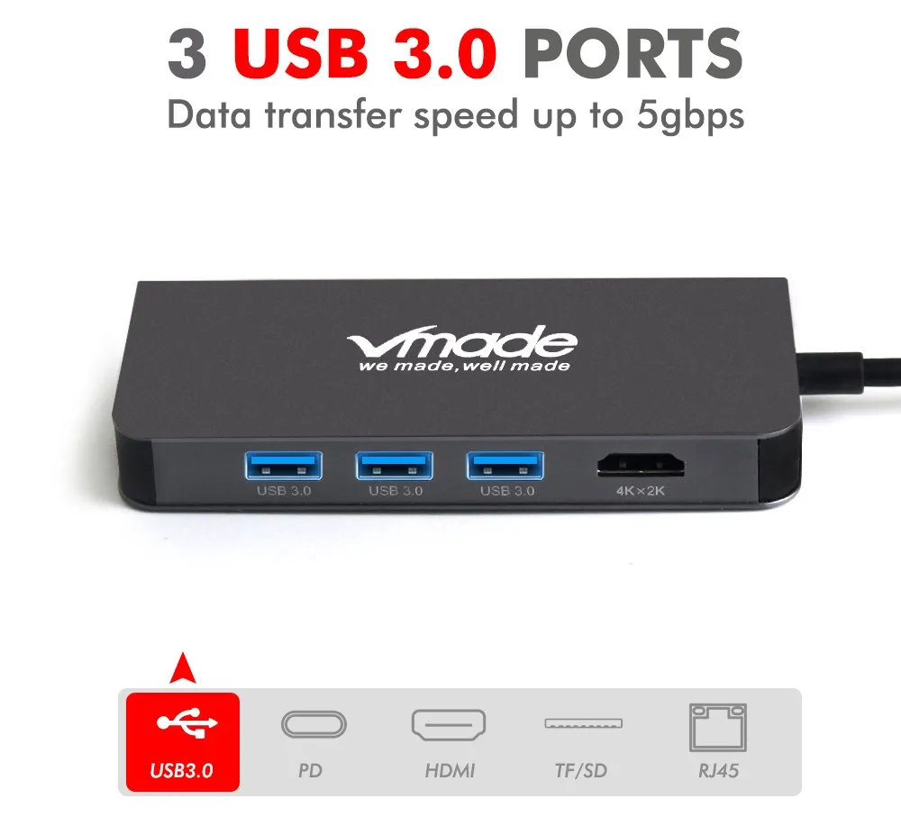 VMADE Type-c USB HUB USB 3.0 Eight-in-one multifunction docking RJ45 1000M Ethernet for Huawei P20 Pro Huawei Samsung USB HUB