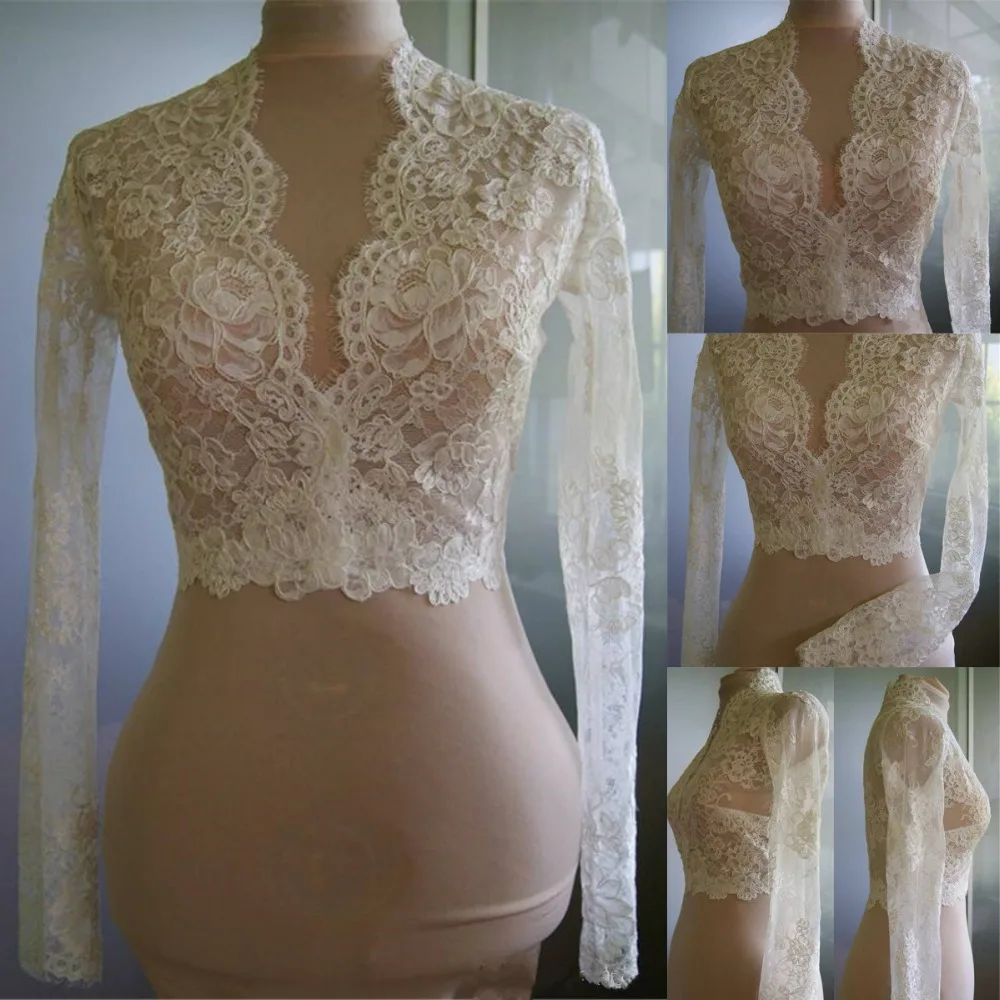 

Cheap Bridal Wraps Modest Alencon Lace Crystals V Neck Sheath Bride Bolero For Weddings Long Sleeve Lace Bridal Jacket