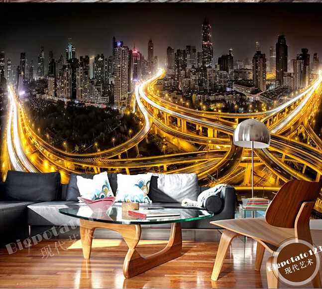 3D фрески на заказ блестящее освещение городского шоссе обои для гостиной дивана