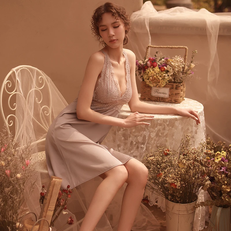 Сексуальная Женская одежда для сна летняя тонкая Длинная кружевная ночная
