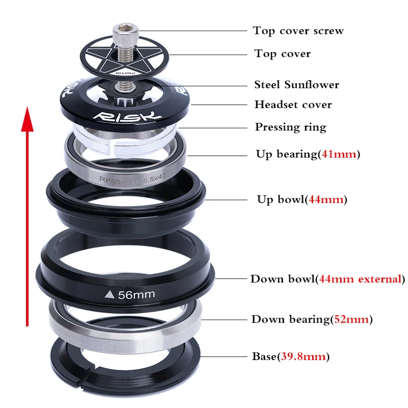 

RISK Aluminum 44mm External Bearing Headset For 28.6mm Straight Tube or 1.5 Taper Pipe Fork Bicycle Headset 28.6/44/30or39.8mm