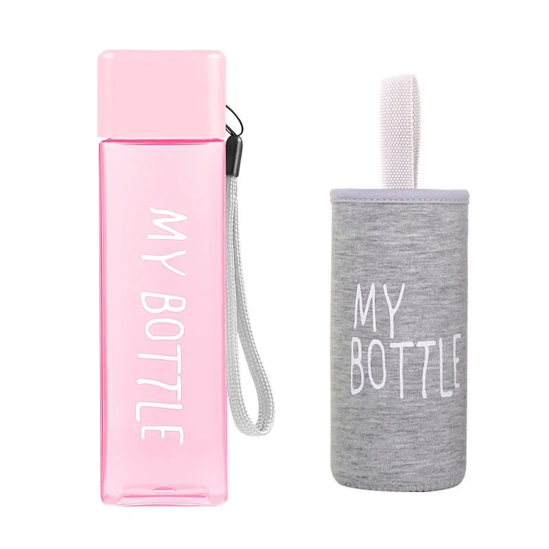 pink and sleeve Новая квадратная пластиковая бутылка My bottle 500 мл для бутылок с водой для питья с веревкой, прозрачная или матовая Спортивная, корейский стиль, термостойкая - Цвет: pink and sleeve