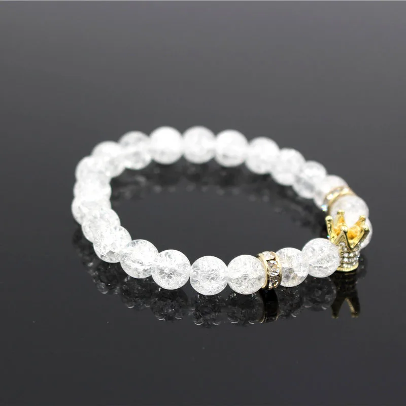 Micro Pave Белый CZ золотой цвет король браслет с шармом с короной для мужчин тусклый польский белый попкорн камень браслет из бисера ювелирные изделия для женщин