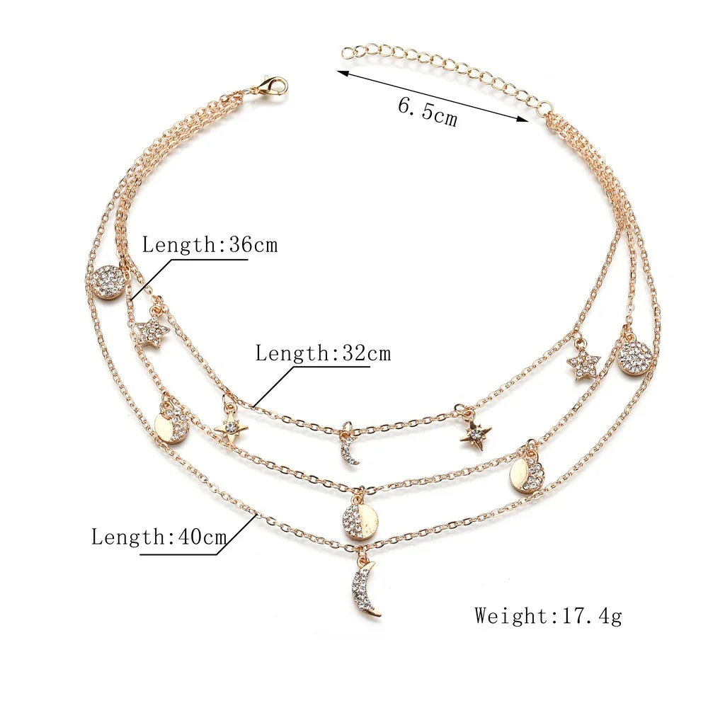 Женское колье чокер 3 слоя цепочки подвеска Звезда Луна со стразами 2019|Колье| |