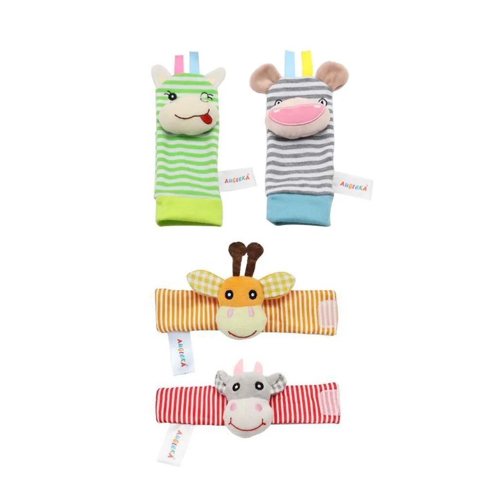 4PCS1 Cartoon Baby Toys 0-24 Months Soft Animal Baby Rattles Children Infant Newborn Plush Sock Baby Toy Wrist Rattle Foot Socks - Цвет: 4PCS1