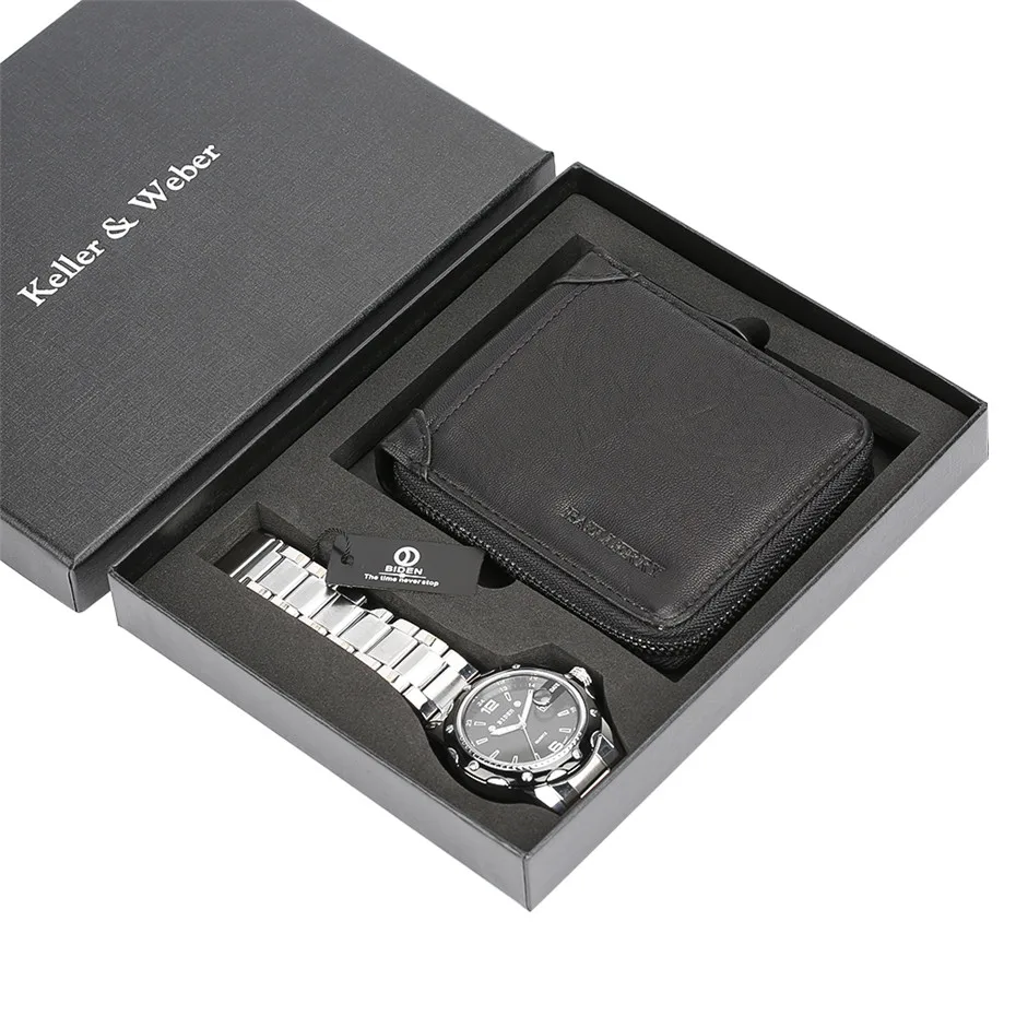 

Business Men Wristwatches Stainless Steel Strap with Leather Black Wallet Male Luxury Clock Gifts Set Father Husband Boyfriend