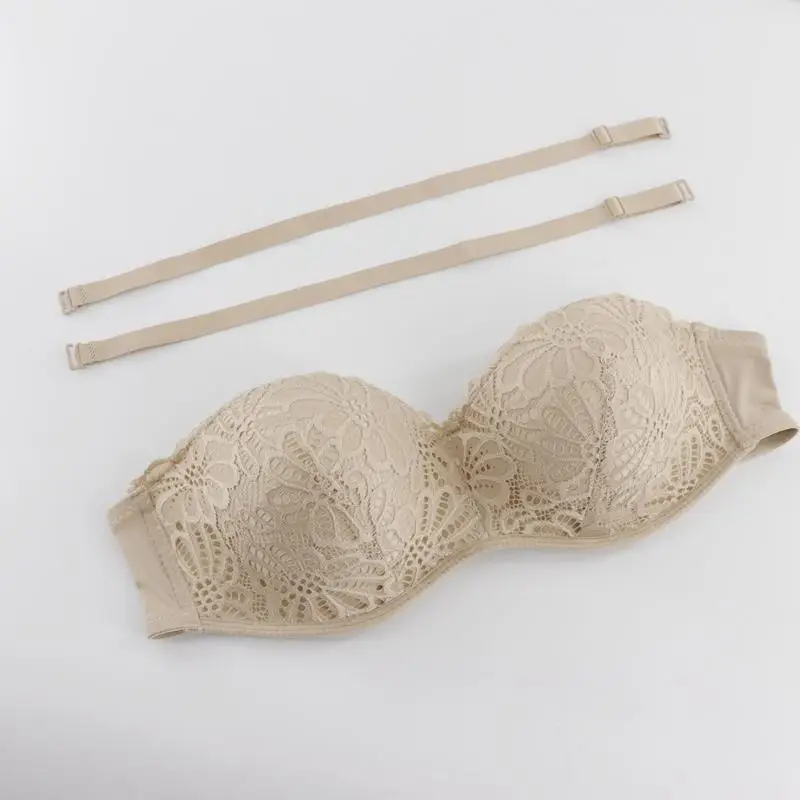 Skin Color Women Lace Push Up Bra Strapless Invisible Padded Bralette Sexy Half Cup Underwear Intimates Large Size 90-105B - Цвет: Skin Color
