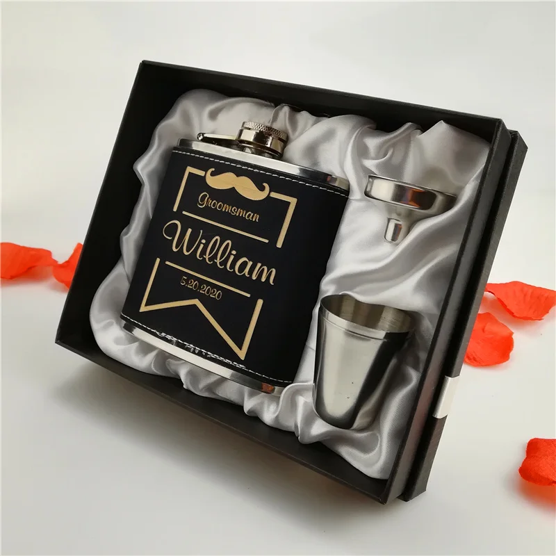 gift box JHHP 6 унций черная кожаная фляжка, фляжка для бедер, Персонализированная Выгравированная, подарок жениху или шаферу, подарок на день рождения - Цвет: gift box