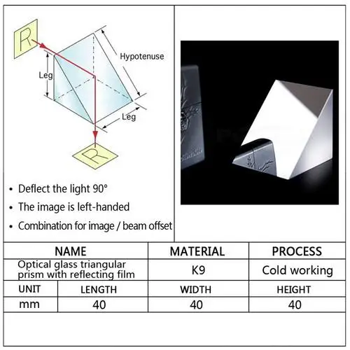 40x40x40 мм оптический Стекло треугольные Lsosceles K9 Prism с отражающие пленки оптика
