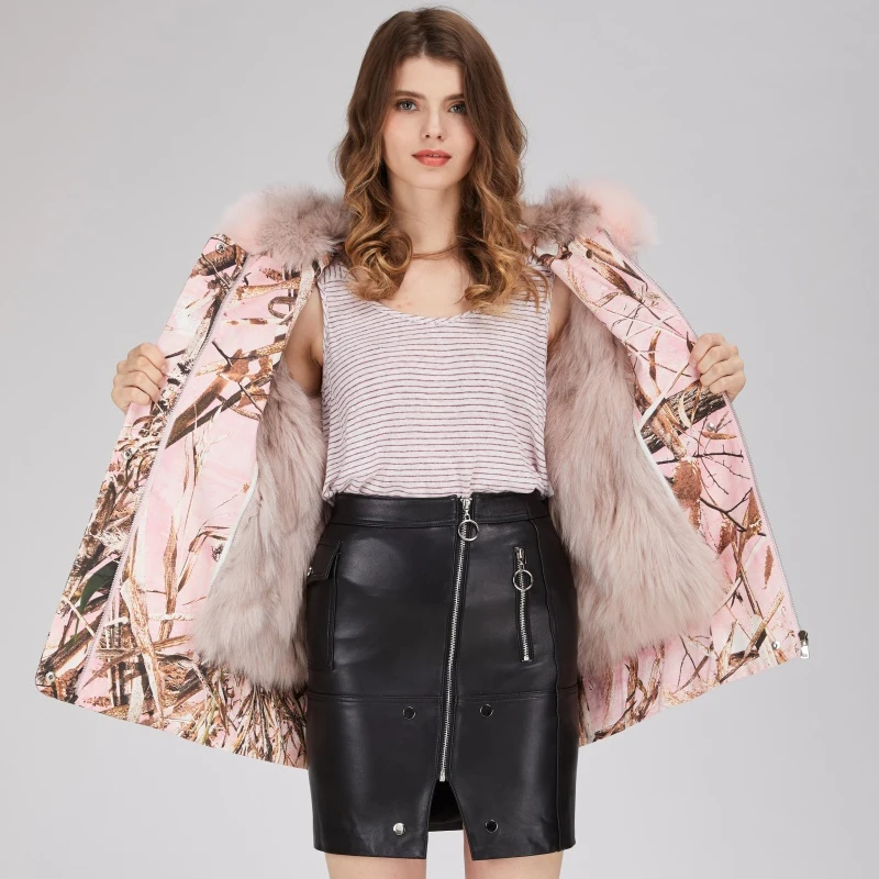 Новый стильный печати зимняя парка Для женщин натуральным лисьим мехом пальто