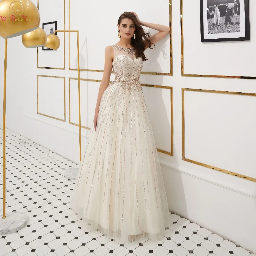 

2019 Latest Chic A Line Prom Dresses Ivory Long Tull O Neck Sleeveless Fashion Beading Sequined Crystal Formal Pretty Party Gown
