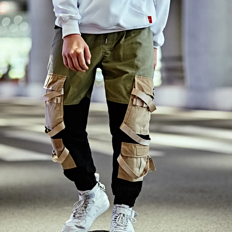 Модные мужские повседневные штаны 2018 штаны-шаровары лоскутные с лентами