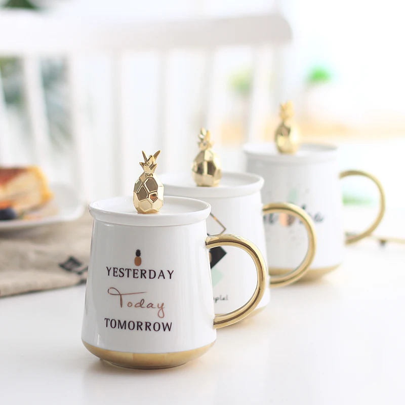 

Ins Gold Color Mugs Pineapple Coffee Cups Ceramics Home Breakfast Milk Mug Tea Cup Nordic Style Mugs with Lid Drop Shipping
