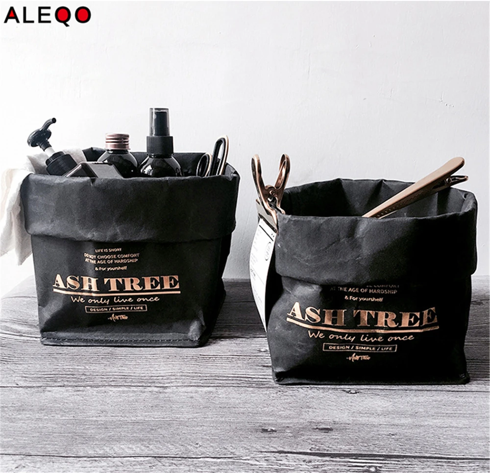 Черная моющаяся сумка для хранения из крафт бумаги в скандинавском стиле