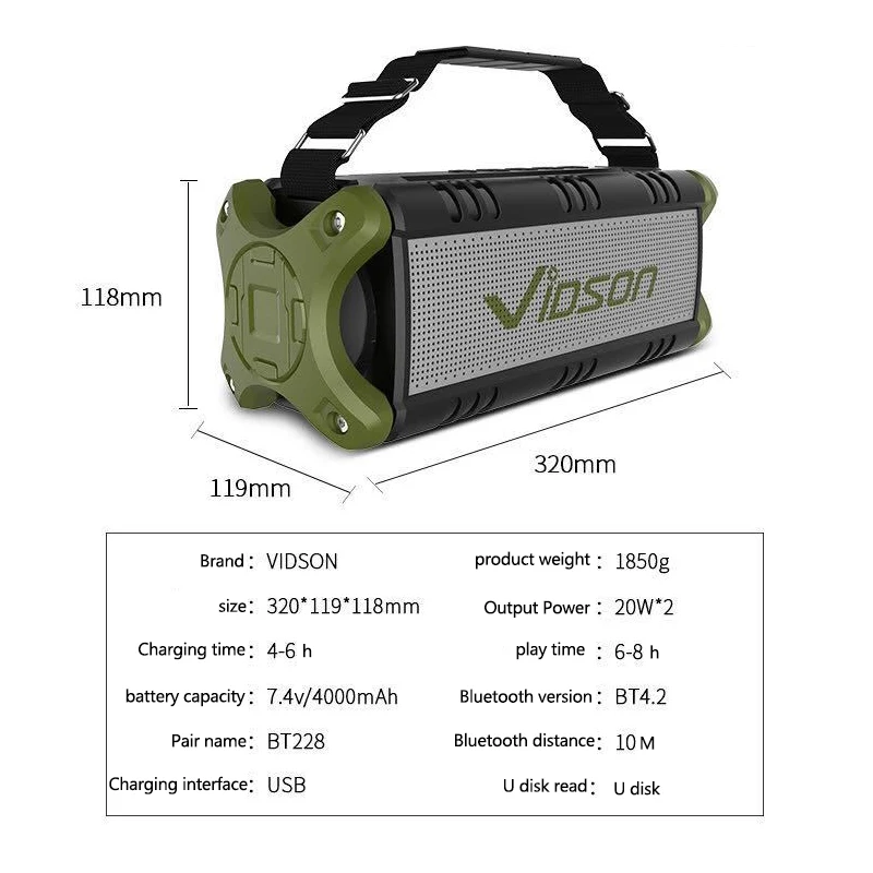 Vidson D8, уличные Bluetooth колонки, беспроводные 40 Вт, высокомощный сабвуфер, 360 объемный звук, 4000 мАч, для зарядки мобильного телефона