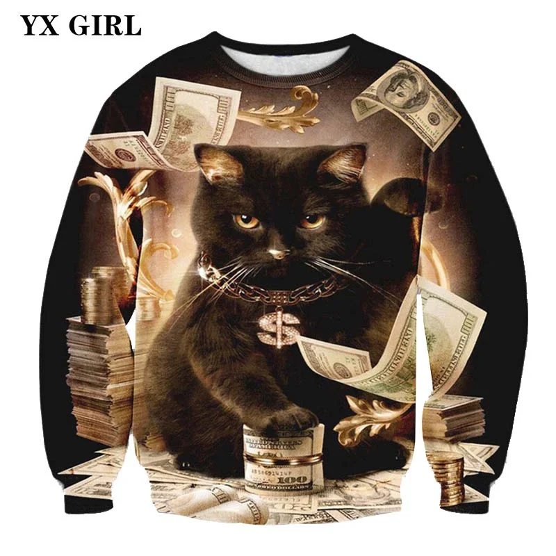 

2018 Spring/Autumn Outwear Men Women Hip Hop 3d Sweatshirts Funny Dollars Money Black Cat Printed Pullover Crewneck Sweatshirt