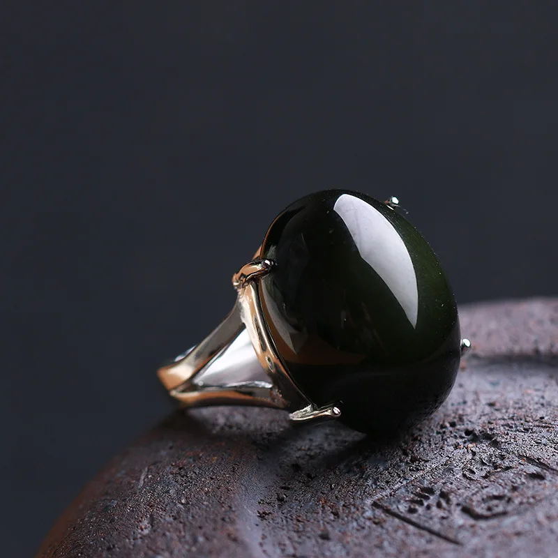 

Natural green cat Obsidian RING 925 silver inlay Unisex models