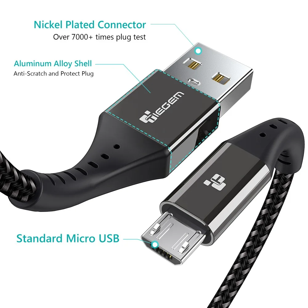 Кабель Micro USB TIEGEM 2.4A Nylon Fast Charge Data для зарядки мобильных телефонов Samsung Xiaomi Android 1M 2M