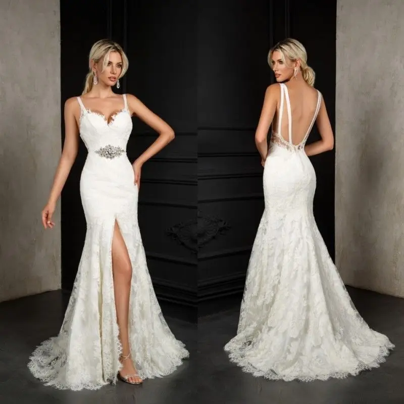 Русалки с низким вырезом на спине тонкими лямками свадебное платье Боковым