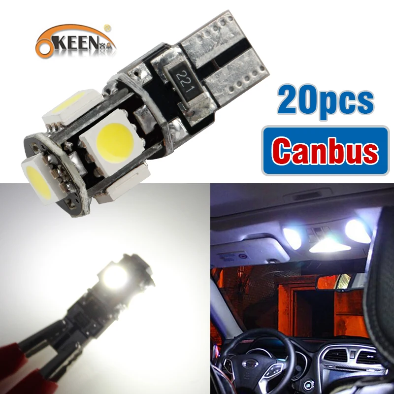 Белые светодиодсветодиодный лампы OKEEN 20X T10 5 SMD 5050 2825 158 192 168 194 для внутреннего