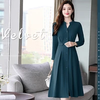 2018 autumn temperament new slim slimming long sleeved womens fashion solid color single breasted long dress