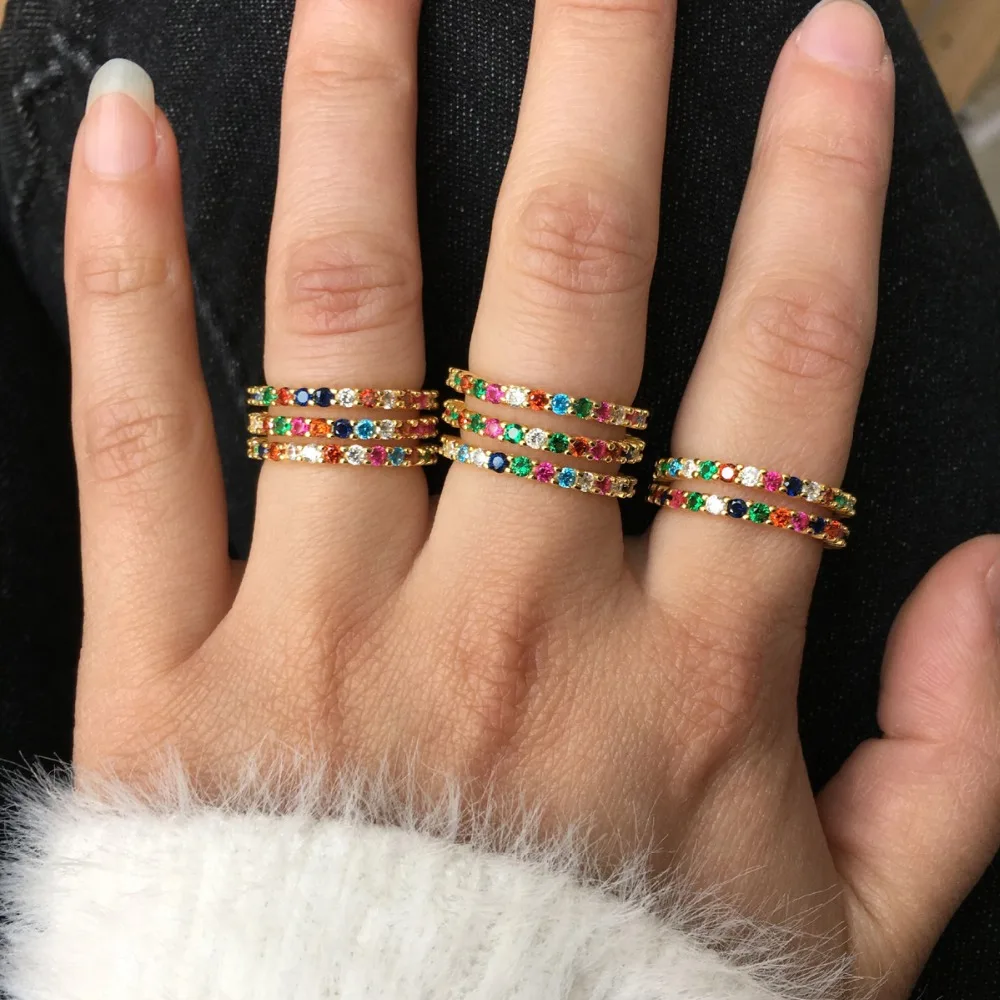 S925 Серебряное кольцо mulit Цвет нежное изысканное сердце кольцо цветной CZ Радужное кольцо элегантное тонкое серебро 925 пробы 2 мм каменное кольцо