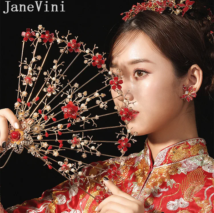 Свадебный веер в китайском стиле jaevini жемчужный свадебный букет золотой красный