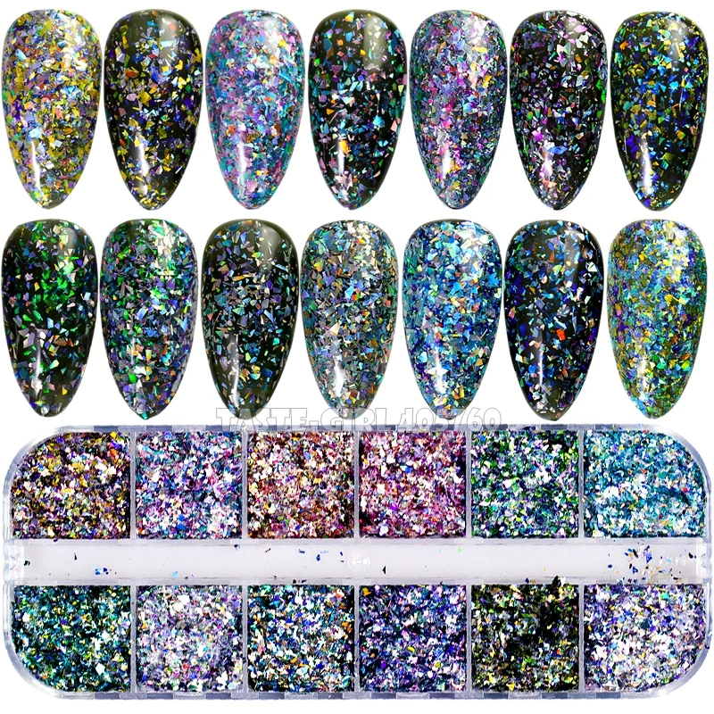 12 сеток/набор цветной голографический блеск неравномерный фрагмент порошок