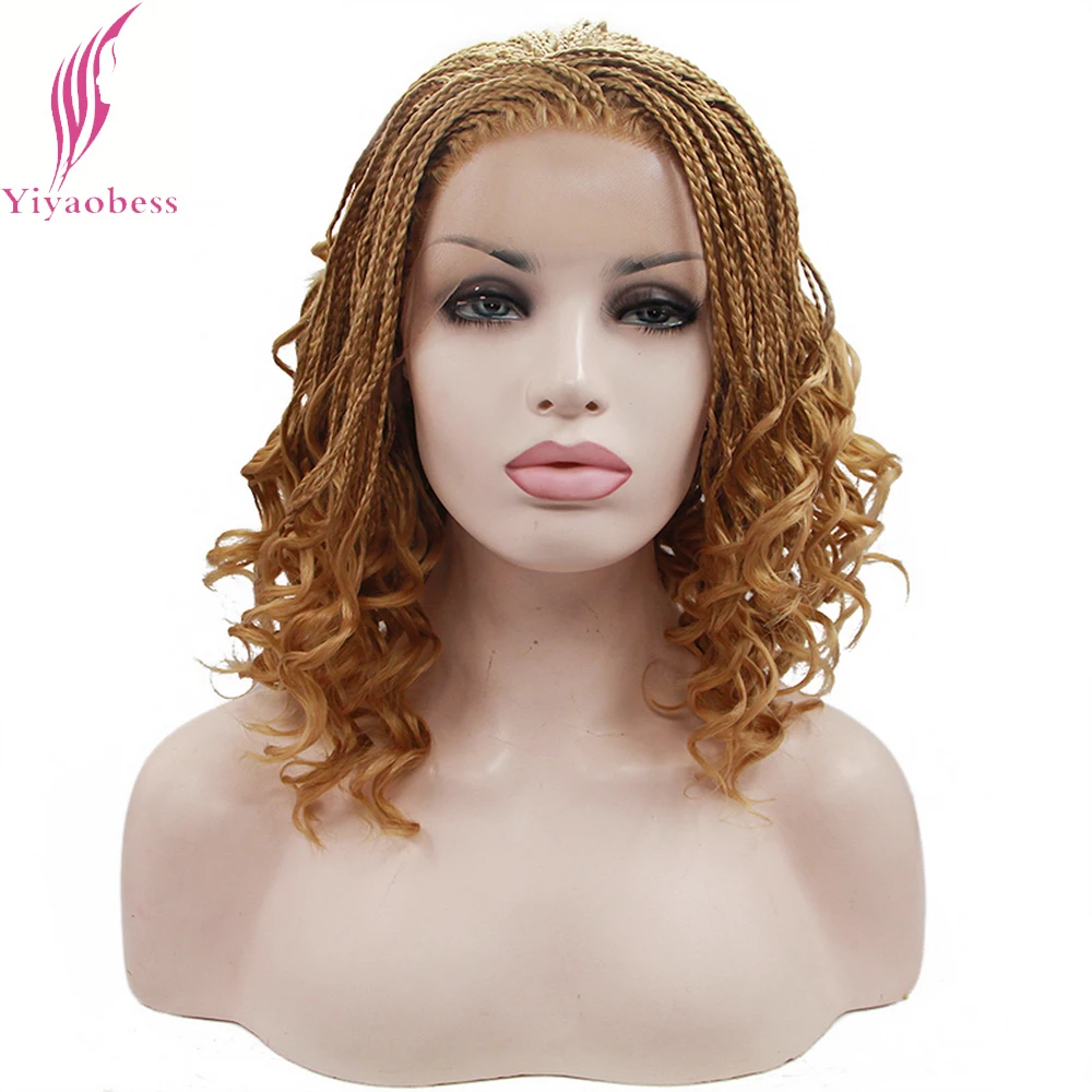 Yiyaobess 16inch Micro Lace Front Braid Wig Short Blonde Black Wigs For Women Heat Resistant Synthetic Hair