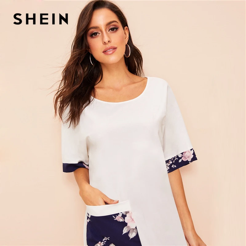 SHEIN Платье С Карманом, Разрезом И Цветочным Принтом Женское Белое Платье С Средним Рукавом