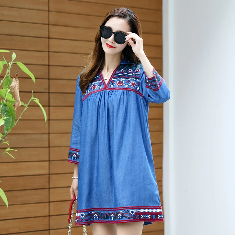 Летние свободные женские платья с круглым вырезом из джинсовой ткани 2018 тонкое