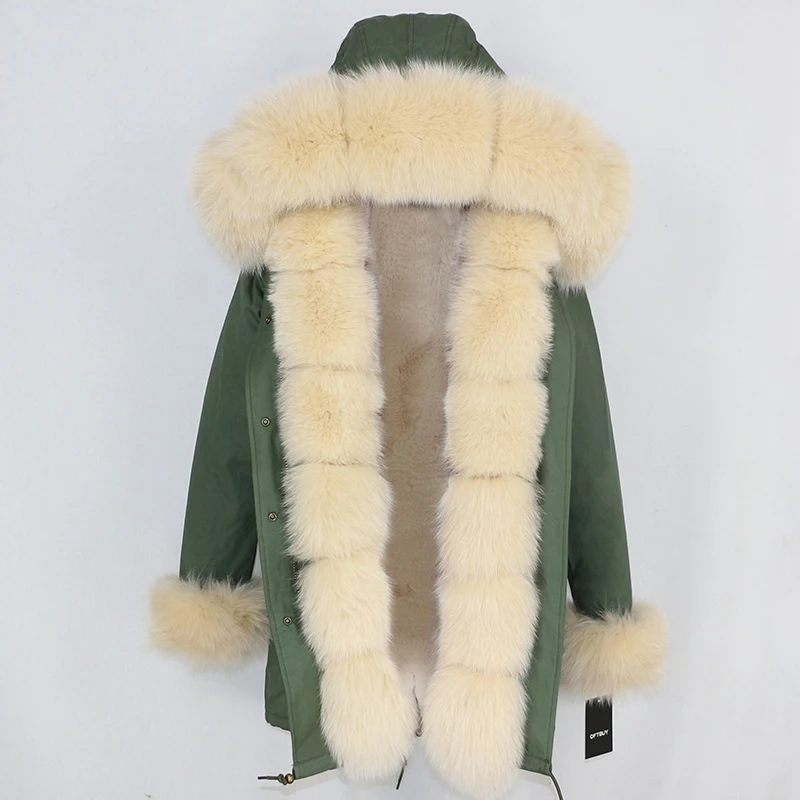 green beige OFTBUY парка, зимняя куртка, женское меховое пальто, натуральный Лисий мех, воротник, Толстая теплая длинная парка, Большая Меховая верхняя одежда, съемная - Цвет: green beige