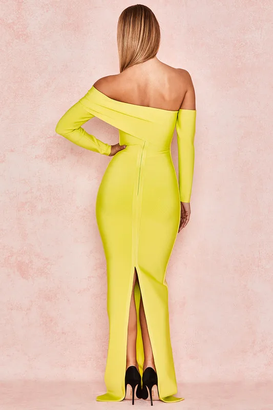 High Quality Yellow Slash Neck Long Sleeve Bodycon Rayon Bandage Dress Cocktail Party | Женская одежда