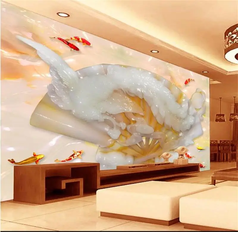 Пользовательские 3d фото обои для гостиной Фреска веер Феникс нефрит резьба