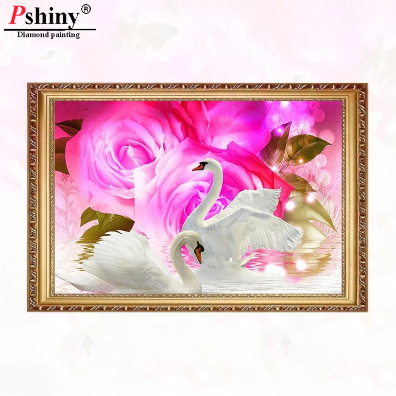 Pshiny 2019 новая 3d алмазная живопись розовый цветок влюбленный Лебедь полная