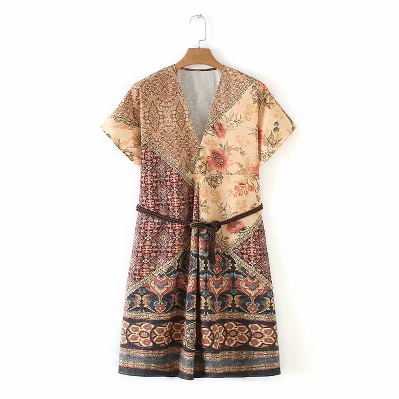 2019 женское винтажное платье с v образным вырезом и принтом платья поясом