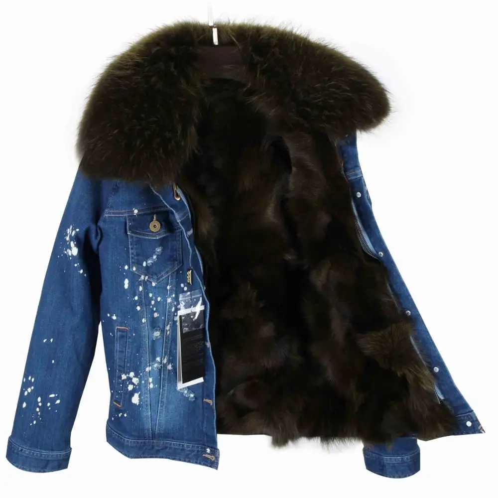 dark denim green fur MaoMaoKong, Женское зимнее пальто, большой воротник из меха енота, джинсовая подкладка из натурального Лисьего меха, верхняя одежда, брендовые стильные парки - Цвет: dark denim green fur